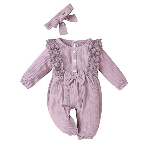 KIMODO Strampler + Stirnband Baumwolle und Leinen Einteiler Sommer Romper Bodysuit Baby Mädchen Jumpsuit Spitze Romper Outfits Playsuits Overall (A-Lila, 6-12 Monate) von KIMODO Baby Mädchen