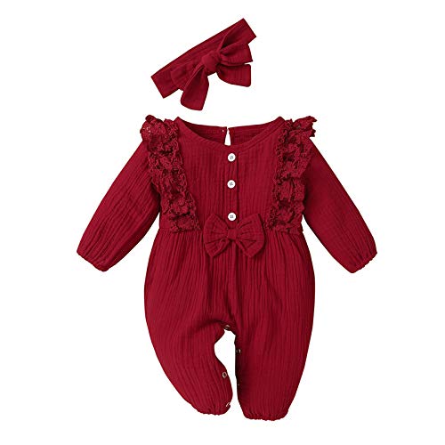 KIMODO Strampler + Stirnband Baumwolle und Leinen Einteiler Sommer Romper Bodysuit Baby Mädchen Jumpsuit Spitze Romper Outfits Playsuits Overall (A-Rot, 0-3 Monate) von KIMODO Baby Mädchen