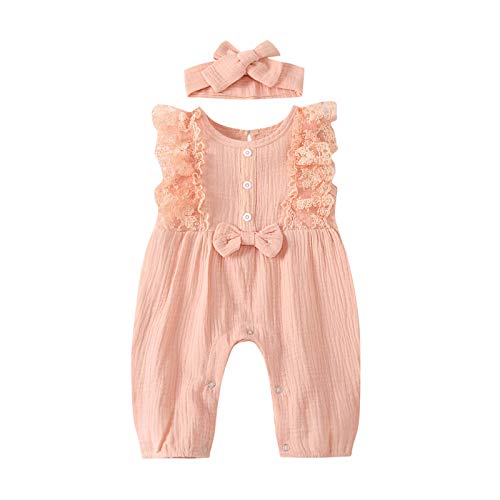 KIMODO Strampler + Stirnband Baumwolle und Leinen Einteiler Sommer Romper Bodysuit Baby Mädchen Jumpsuit Spitze Romper Outfits Playsuits Overall (B-Rosa, 0-3 Monate) von KIMODO Baby Mädchen