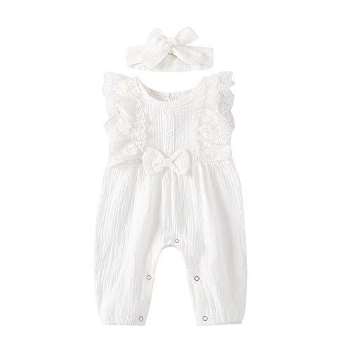 KIMODO Strampler + Stirnband Baumwolle und Leinen Einteiler Sommer Romper Bodysuit Baby Mädchen Jumpsuit Spitze Romper Outfits Playsuits Overall (B-Weiß, 3-6 Monate) von KIMODO Baby Mädchen