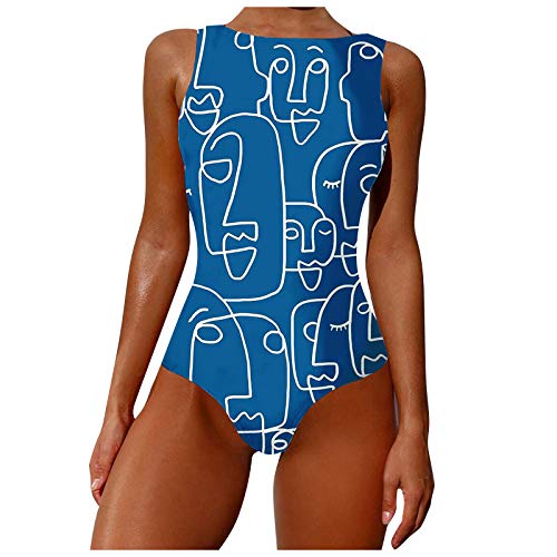 Badeanzug Damen Bauchweg Einteiler Figurformend Graffiti Abstract Print Kreuz Push up Große Größen Sportlich Beachwear Bademode Schwimmanzug Bikini Set Badebekleidung (A-Blau, XXL) von KIMODO Bekleidung