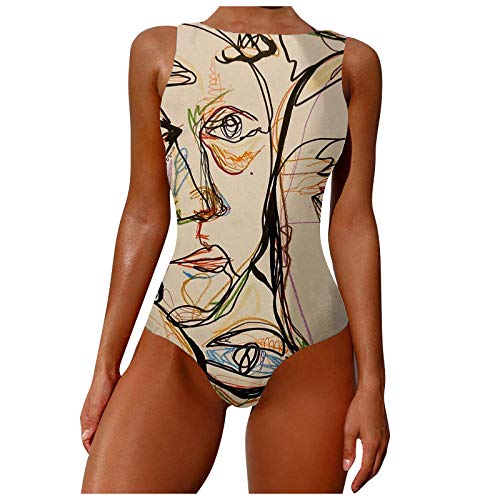 Badeanzug Damen Bauchweg Einteiler Figurformend Graffiti Abstract Print Kreuz Push up Große Größen Sportlich Beachwear Bademode Schwimmanzug Bikini Set Badebekleidung (A-Braun, 3XL) von KIMODO Bekleidung