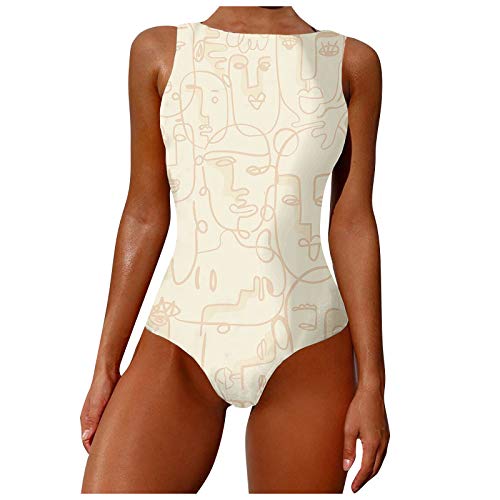 Badeanzug Damen Bauchweg Einteiler Figurformend Graffiti Abstract Print Kreuz Push up Große Größen Sportlich Beachwear Bademode Schwimmanzug Bikini Set Badebekleidung (A-Khaki, L) von KIMODO Bekleidung