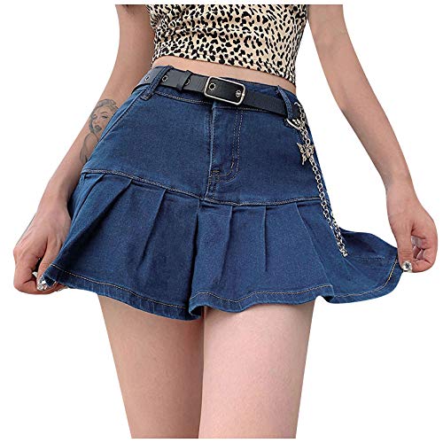 Damen Jeansrock mit Taschenabsatz Lässiger Gekräuselter Schmaler Stretch Hoher Taille Kurzrock KIMODO Frauen Skinny Röcke Faltenröcke Reißverschluss Miniröcke Streetwear Skirt (Blau, M) von KIMODO Bekleidung