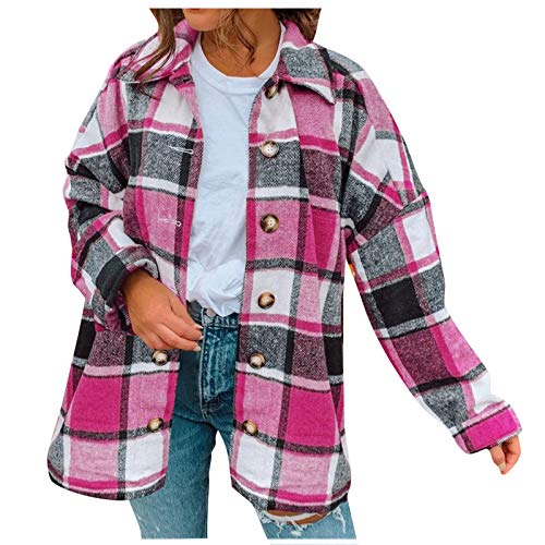 KIMODO Bekleidung Damen Mantel Pullover Kariertes Taschen Knöpfen Langarmshirt Revers Oversize Gitter Sweatshirt Oberteile Bluse Lose Lange Jacket Hemdjacke Holzfällerjacket Mode (A-Pink, M) von KIMODO Bekleidung