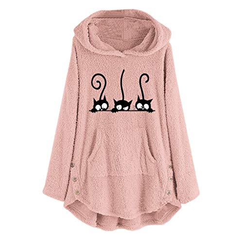 KIMODO Pullover Damen Plus Size, Fleece Cat Stickerei Sweatshirt Korean Fashion Langarm Taste Tumblr Kapuzenpullover warme Winter Hoodie Tops Bluse Sweater (Rosa, L) von KIMODO Bekleidung