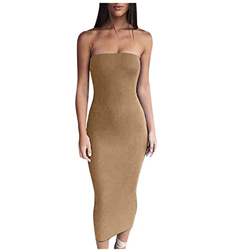 Miederkleid Damen Unterkleid Ärmelloses Unterröcke Formende Kleid Umwickeltes Brustkleid Einfarbig Frauen Sommerkleid Strandkleid Minikleid Abendkleider Partykleid Ballkleider (Khaki, L) von KIMODO Bekleidung