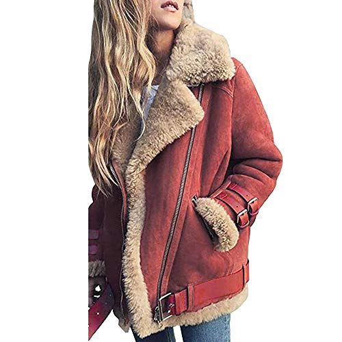 KIMODO® Mantel Damen, Jacken Winter Oversize Hoodie Winterjacke Wintermantel Warme Revers Biker Motor Pilotenjacke Coats Outwear (rot, S) von KIMODO