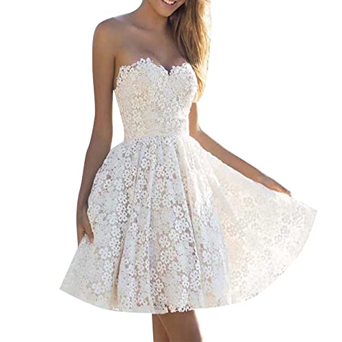 KIMODO Abendkleid Für Hochzeit Damen Spitze A Linie Kurz Elegant Mini Partykleid Hochzeitsgast Festliches Kleid Frauen Ärmellos Party Abendkleider(Weiß，L) von KIMODO