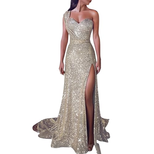 KIMODO Abendkleider Damen Festlich Hochzeit Kleider Elegant A-Linie Kleid Lang Abendkleid Langarm Cocktailkleid Maxikleid Partykleid mit Glänzend Pailletten Abschlussballkleid(Gold #1，L) von KIMODO