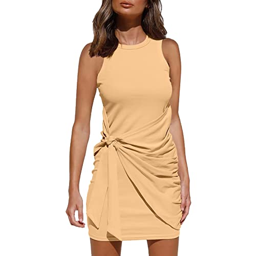 KIMODO Damen Kleider Kurzarm Rundhals Kordelzug Minikleid Sommer Einfarbig Kurz Enges Kleid Sexy Bleistiftkleid Nachtclubkleid Freizeit Kurzarm Tunika Bodycon Minikleid(Gelb,XL) von KIMODO