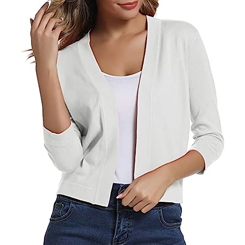 KIMODO Damen Langarm Open Front Bolero Festlich Blazer Bolerojacke Schulterjacke Cardigan Top Damen 3/4 Ärmel Open Front Bolero Strickjacke Shrug Solid Cardigan Top(Weiß，XXL) von KIMODO