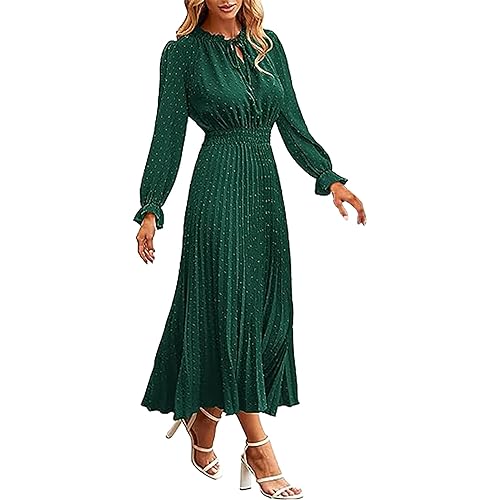 KIMODO Damen Lange Kleid Maxikleid Elegant Rüschen Casual Swing Kleid Einfarbig Rundhalsausschnitt Kleider Damen Langarm Freizeitkleid Rundhals Knielang A Linie Kleid(2-Grün，S) von KIMODO