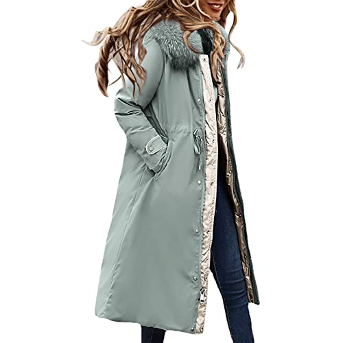 KIMODO Daunenjacke Damen Daunenjacke Lang Mantel Steppmantel Wintermantel Mit Kapuze Winter Warm Winddicht Jacke Outdoorjacke Steppjacke Steppmantel(Grün-c，L) von KIMODO