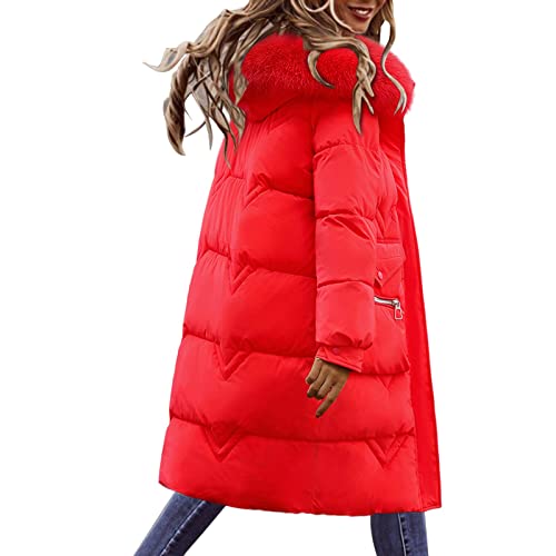 KIMODO Daunenjacke Damen Daunenjacke Lang Mantel Steppmantel Wintermantel Mit Kapuze Winter Warm Winddicht Jacke Outdoorjacke Steppjacke Steppmantel(Rot-e，XL) von KIMODO