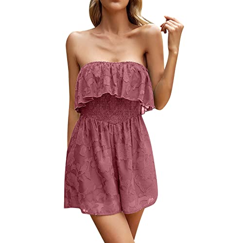 KIMODO Jumpsuit Schulterfrei Damen Kurz Sommer Kurzer Overall Playsuit Streifen Strand Jumpsuits Einteiler Bandeau Frauen Trägerloser Playsuits Overalls Romper Elegant Festlich(Rosa #1,L) von KIMODO