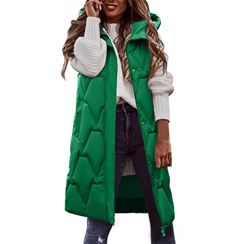 KIMODO Lang Jacke Weste Damen, Daunenweste mit Kapuze Winter Warm Longweste Ärmellose Lange Steppweste Leicht Winterjacke Winterweste Daunenmantel Daunenjacke Outdoor Puffer Jacke (B-Grün，3XL) von KIMODO