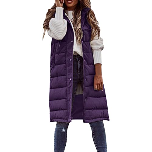 KIMODO Lang Jacke Weste Damen, Daunenweste mit Kapuze Winter Warm Longweste Ärmellose Lange Steppweste Leicht Winterjacke Winterweste Daunenmantel Daunenjacke Outdoor Puffer Jacke (E-Lila，M) von KIMODO