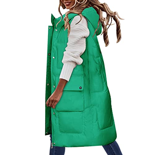 KIMODO Lang Jacke Weste Damen, Daunenweste mit Kapuze Winter Warm Longweste Ärmellose Lange Steppweste Leicht Winterjacke Winterweste Daunenmantel Daunenjacke Outdoor Puffer Jacke (G-Grün，XXL) von KIMODO