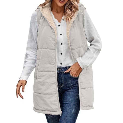 KIMODO Lang Jacke Weste Damen Daunenweste mit Kapuze Auf Beiden Seiten Parka mit Fell Kapuze Warm Fleece Gefütterter Doppelseitige Winter Mantel Jacke Winterweste Mäntel(Weiß-2，3XL) von KIMODO