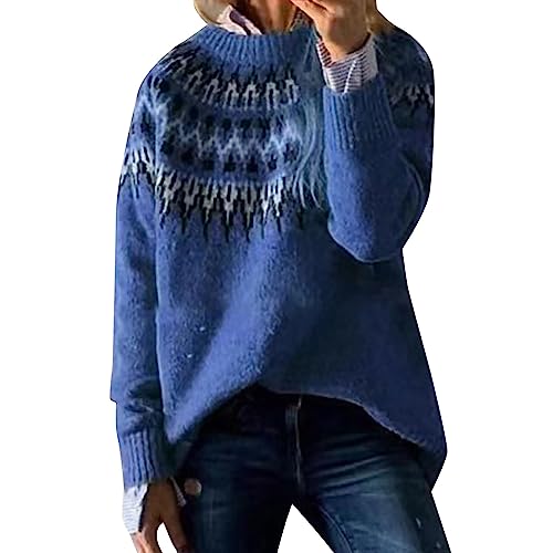 KIMODO Pullover Damen Strickpullover Langarm Rundhals Sweater Patchwork Sweatshirt Herbst Winter Elegant Pulli Warme Lose Blusen Oberteile Tops Jacquard Damen Pullover(Blau，S) von KIMODO