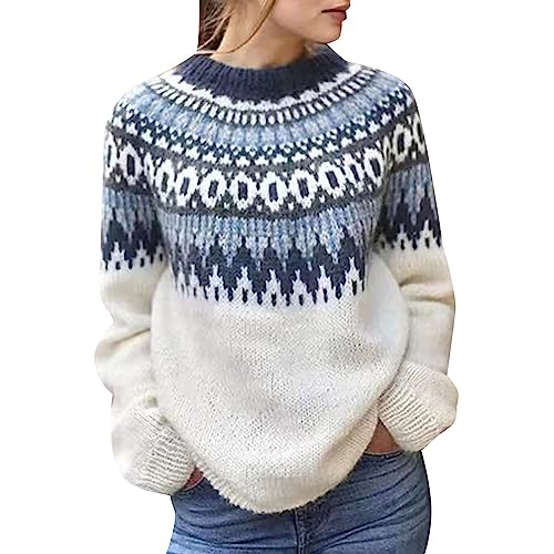 KIMODO Pullover Damen Strickpullover Langarm Rundhals Sweater Patchwork Sweatshirt Herbst Winter Elegant Pulli Warme Lose Blusen Oberteile Tops Jacquard Damen Pullover(Weiß，M) von KIMODO