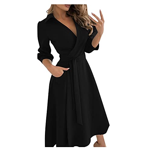 KIMODO Sommerkleid V-Ausschnitt Freizeitkleider Cocktailkleid Damen Elegant Lange Kleider Rüschen Partykleid Maxikleider Strandkleid Blusenkleid mit Bowknot Ärmeln (A-Schwarz, XXL) von KIMODO