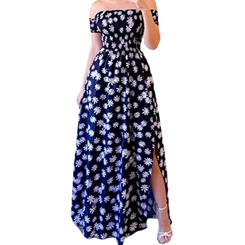 KIMODO Strandkleid Damen Sommer - Bandeau Kleid Lang Schulterfreies Sommerkleid Sexy Trägerlos Off Shoulder Rückenfrei Maxikleid Swing A Line Langes Kleider Boho Kleid Partykleid(Dunkelblau，XXL) von KIMODO