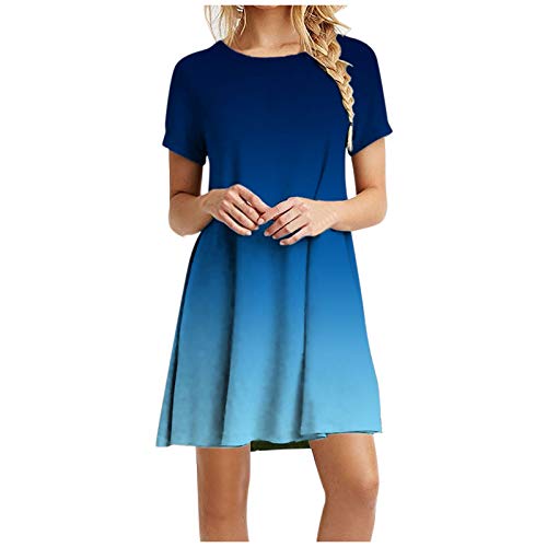 KIMODO T-Shirtkleid Sommerkleid Freizeitkleid Atmungsaktives Kleid Damen Shirtkleid mit Farbverlauf in Batik-Optik Tunika Rundhals Kurzarm Knielang Langes Locker Minikleid (A-Blau, 5XL) von KIMODO