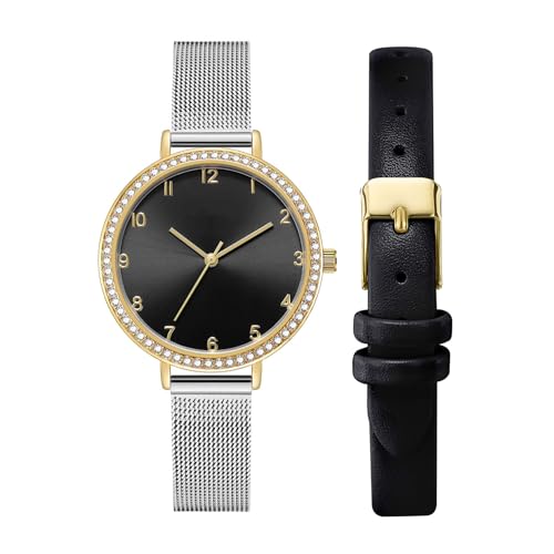 KIMOMT Damenuhren, Lederarmband, Quarz, luxuriös, wasserdicht, modisch, kreativ, für Frauen, Mädchen, Damen, Gold - 2 Gürtel, Armband von KIMOMT