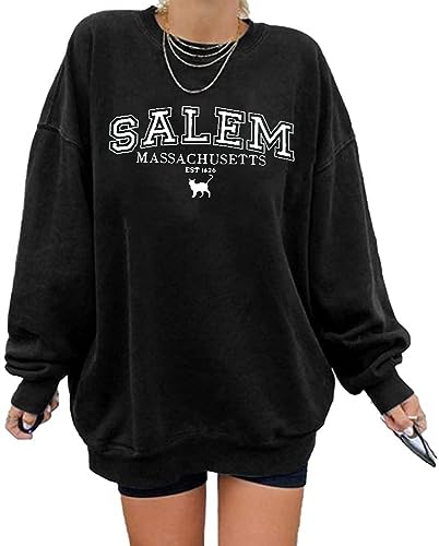 KIMSOONG Halloween Sweatshirts für Frauen Salem Massachusetts Shirt Herbst Oversized Crewneck Sweatshirt Hocus Pocus Pullover, Dunkles Schwarz, M von KIMSOONG