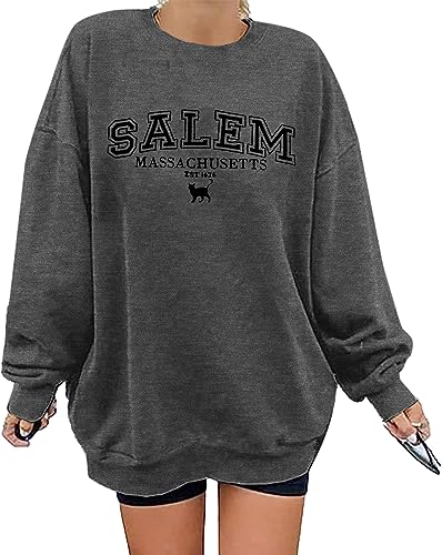 KIMSOONG Halloween Sweatshirts für Frauen Salem Massachusetts Shirt Herbst Oversized Crewneck Sweatshirt Hocus Pocus Pullover, grau dunkel, L von KIMSOONG