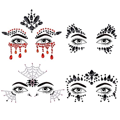 4 Sets Halloween Gesichts Diamanten, Glitzer Gesichtssteine Selbstklebend Perlenaufkleber Gesicht für Make-up Strasssteine Aufkleber für Halloween Festival Karneval Party (4 Designs) von KINBOM