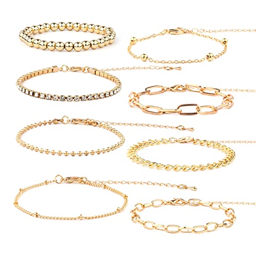 8 Stück Goldkette Armband Set, Verstellbare Gliederarmbänder für Damen KC Vergoldetes Zierliches Armband Modeschmuck von KINBOM