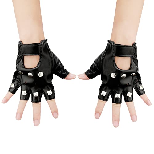 KINBOM 1 Paar Fingerlose Lederhandschuhe Herren, Stylisch Halbfinger Handschuhe Leder Fingerlose Handschuhe Schwarz Leder für Halloween Männer Cosplay Performance (Schwarz) von KINBOM