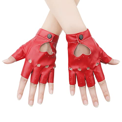 KINBOM Punk Fingerlose Handschuhe - Stilvolle Rote Lederhandschuhe für Halloween, Cosplay und Performance - Damen und Mädchen von KINBOM