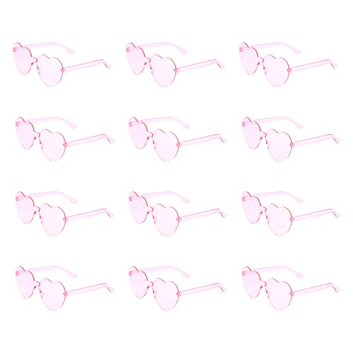 KINBOM 12 Stück Herzförmige Randlose Sonnenbrille, Liebesherz Transparent Getönte Sonnenbrille Rahmenlose Bonbonfarben Brille für Frauen Party Cosplay (Rosa) von KINBOM