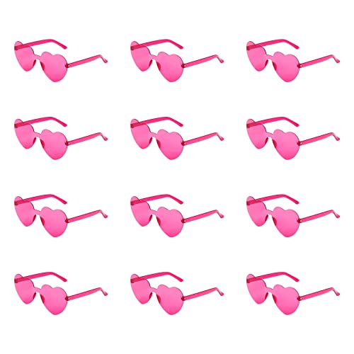 KINBOM 12 Stück Herzförmige Randlose Sonnenbrille, Liebesherz Transparent Getönte Sonnenbrille Rahmenlose Bonbonfarben Brille für Frauen Party Cosplay (Rosenrot) von KINBOM