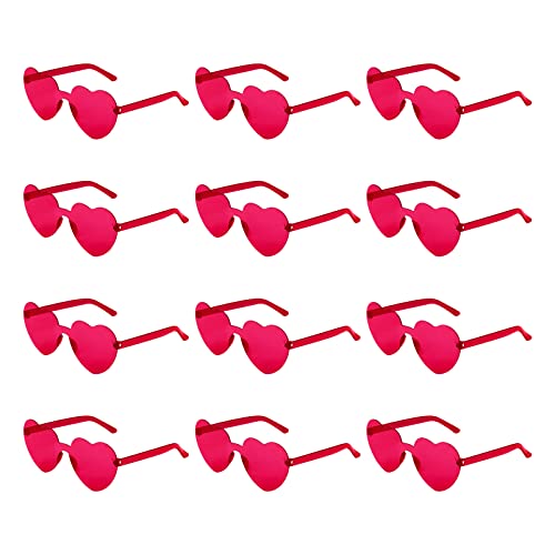 KINBOM 12 Stück Herzförmige Randlose Sonnenbrille, Liebesherz Transparent Getönte Sonnenbrille Rahmenlose Bonbonfarben Brille für Frauen Party Cosplay (Rot) von KINBOM