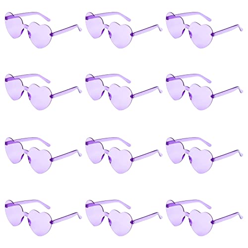 KINBOM 12 Stück Herzförmige Randlose Sonnenbrille, Liebesherz Transparent Getönte Sonnenbrille Rahmenlose Bonbonfarben Brille für Frauen Party Cosplay (Violett) von KINBOM