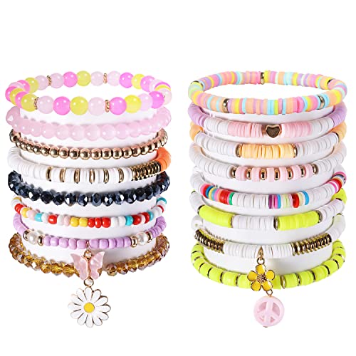 KINBOM 16 Stück Adrette Armbänder, Bunter Regenbogen y2k Armbänder Ästhetische Handarbeit Böhmische Armbänder Heishi Stretcharmband Perlen Sommer Strandschmuck für Frauen Teenager von KINBOM