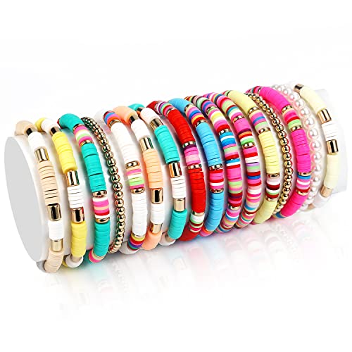 KINBOM 16 Stück Böhmische Armbänder, Bunte Adrette Heishi Armbänder Boho Perlen Stretch Armband Sommer Strandschmuck für Frauen Mädchen(Einfacher Stil) von KINBOM