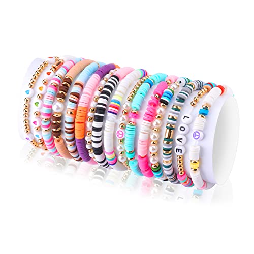 KINBOM 16 Stück Preppy Armbänder, Handgefertigte Regenbogen Armbänder Boho-Scheiben-Armband Heishi-Perlen-Stretch-Armband für Frauen Sommer-Strand-Schmuck (Liebes Herz Serie) von KINBOM