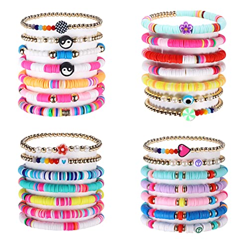 KINBOM 28 Stück Adrette Armbänder, Bunt Regenbogen y2k Armbänder Ästhetische Handarbeit Böhmische Armbänder Heishi Stretcharmband Perlen Sommer Strandschmuck für Frauen Teenager von KINBOM