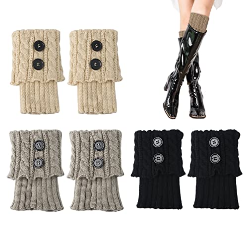 KINBOM 3 Paar Stiefelmanschetten für Damen Mädchen, Boot Manschetten Gehäkelte Gestrickte Beinwärmer Stiefel Socken Damen Stulpen für Kurze Stiefel Knöchel Breite Waden Winter (Schwarz, Grau, Beige) von KINBOM