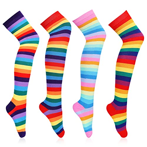 KINBOM 4 Paar Kniestrümpfe Overknee, Gestreifte Socken Lang Overknee Strümpfe Bunt Gestreifte Kniestrümpfe Regenbogensocken Mädchen Halloween Strümpfe für Weihnachten Cosplay-Kostüm Anziehparty von KINBOM