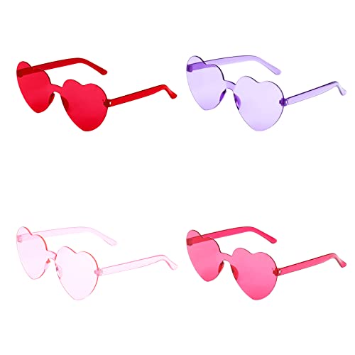 KINBOM 4 Stück Herz Brillen Set, Bonbonfarbe Rahmenlose Sonnenbrille Transparente Herz Sonnenbrille für Frauen Mädchen bei der Pool Geburtstagsfeier (Rot, Pink, Lila, Rosenrot) von KINBOM