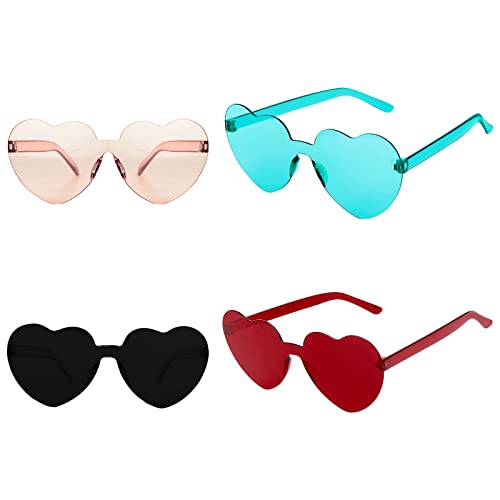 KINBOM 4 Stück Herz Brillen Set, Transparente Bonbonfarbe Rahmenlose Sonnenbrille Partybrille für Frauen Mädchen bei der Pool Geburtstagsfeier Party (schwarz, braun, rot, grün) von KINBOM