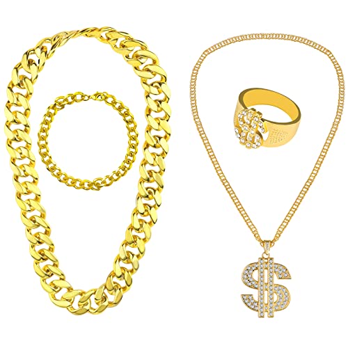 KINBOM 4 Stück Hip-Hop Kostüm Set, Dollarzeichen Halskette und Ring Rapper Goldkette und Armband 80er 90er Jahre Rapper Accessoires für Männer und Frauen von KINBOM