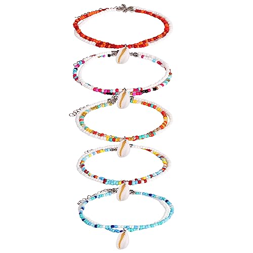 KINBOM 5 Stück Boho Fußkettchen mit Muschel Anhänger, Doppellagig Perlen Fußkettchen Bunt Böhmische Armbänder Verstellbar Handgefertigte Perlen Fußkettchen Perlenarmbänder für Mädchen Frauen (Stil 1) von KINBOM